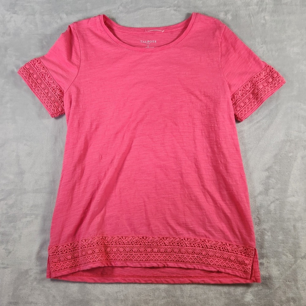 Talbots Top Womens S Pink Cotton‎ Scoop Neck Short Sleeve Crochet Trim Casual
